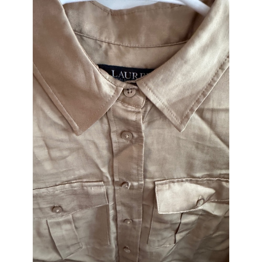 Lauren Ralph Lauren Gold Champagne Button Down Utility Shirt Blouse Petite Small
